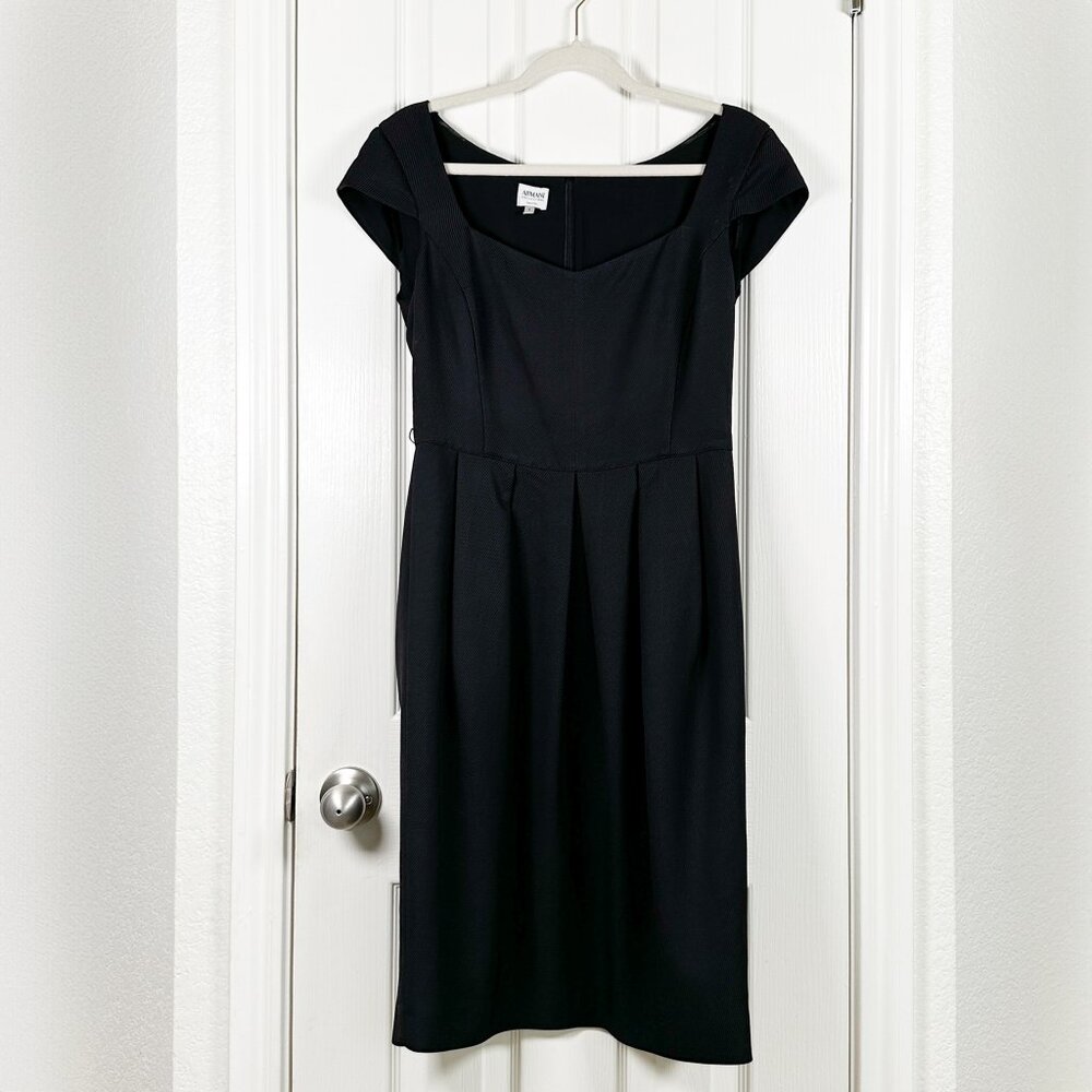 Armani Collezioni Size 6 Cap Sleeve Sheath Little Black Dress Pleated *N…